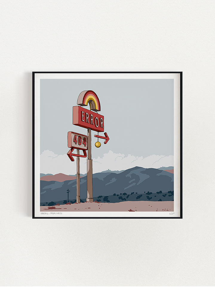 An illustration of two road advertising signs written on one "Error" with a rainbow above it and on the other "404."   on the background, there are mountains and  white clouds- Art by useless treasures  